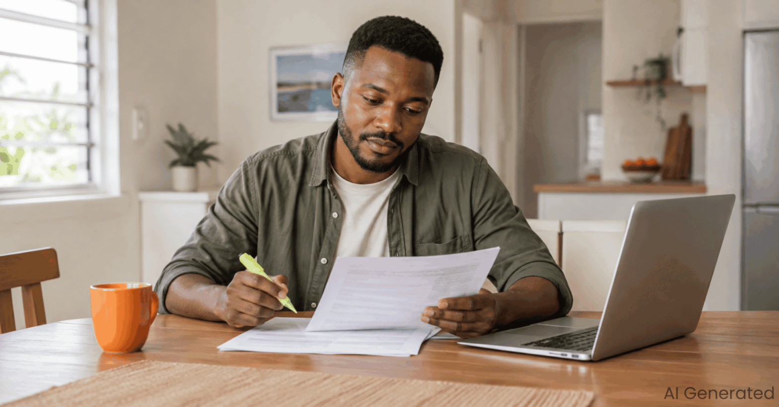 Man at a kitchen table checking his credit report for negative listings