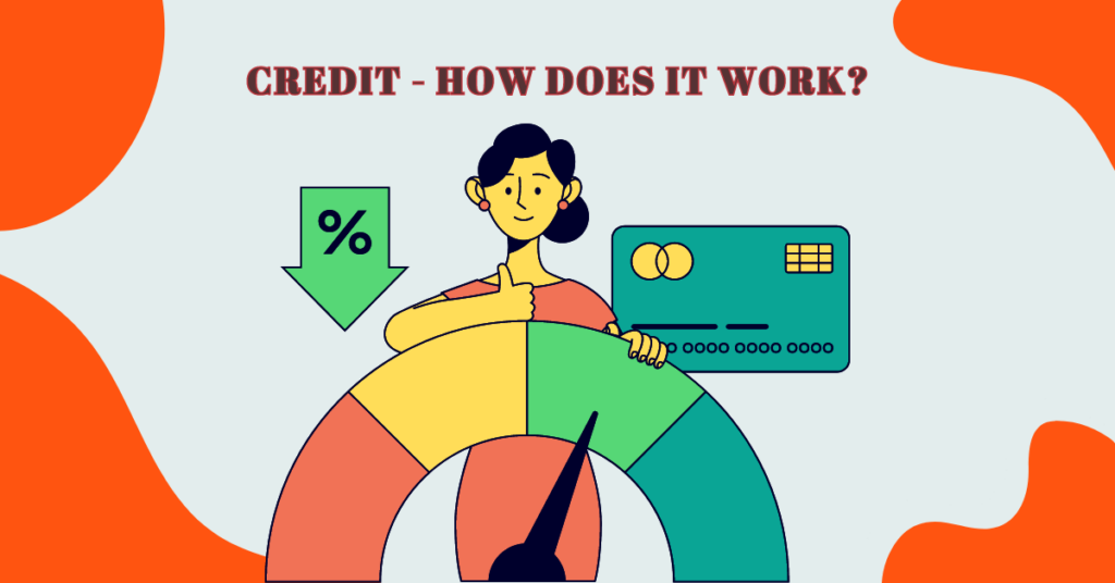 A cartoon of a woman showing thumbs up while leaning on a credit scale showing her in the green