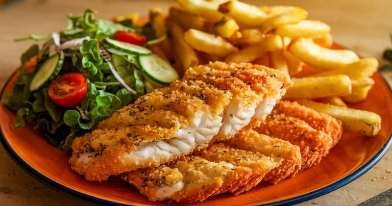 Frozen Fish, Fries, and Salad Meal